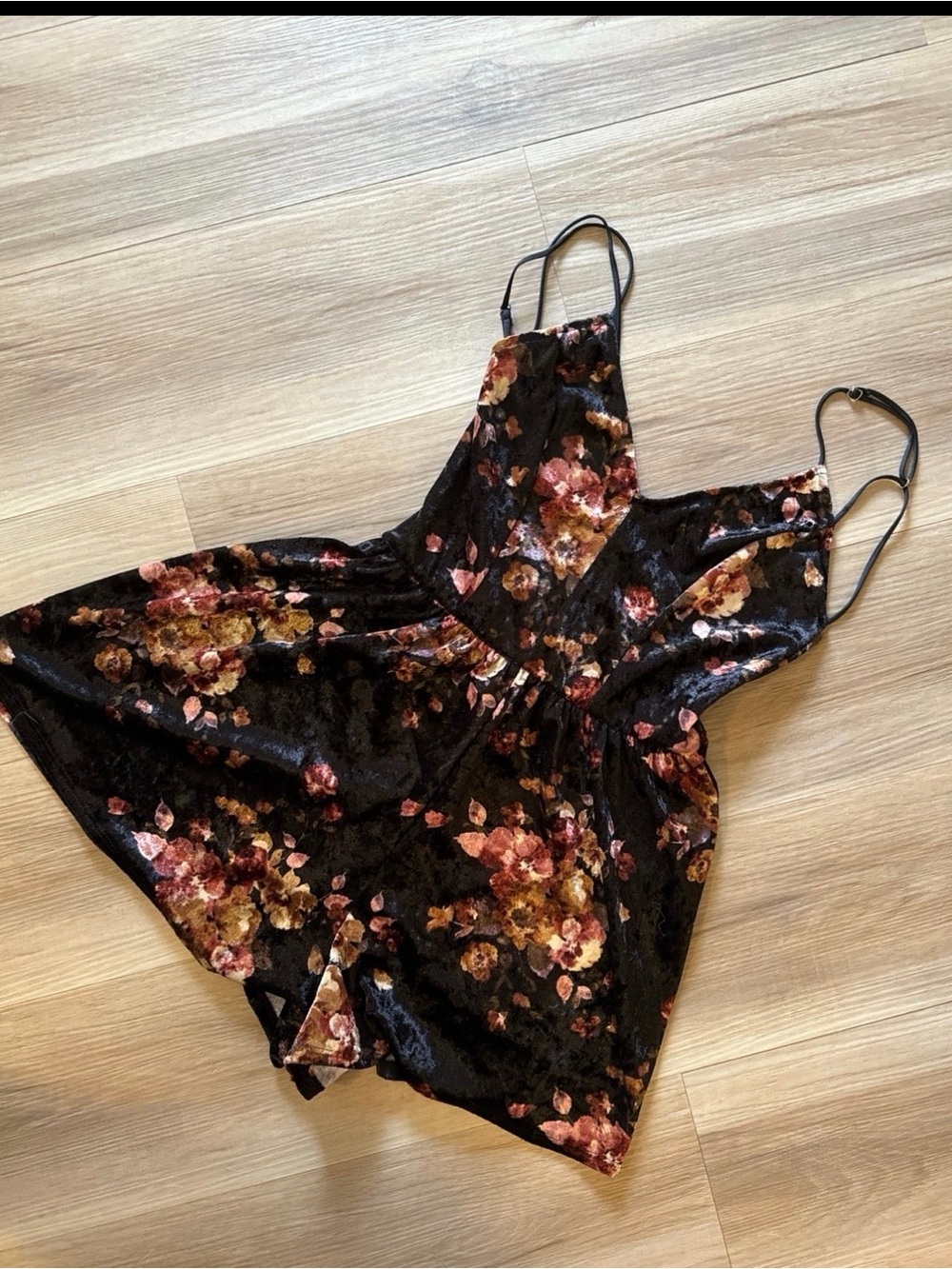 La Hearts Black Velvet Floral Romper with Pink and Gold Accents